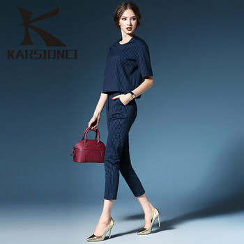 KARSIONCI 2015年新款秋冬新款专柜产品修身职场铅笔九分裤条纹套装女 蓝色 L
