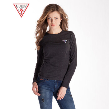 GUESS Z4  女士圆领LOGO韩版长袖T恤情侣款-YE0K9402 CGY-灰色 S