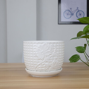 洛捷创意简约白色花盆陶瓷花盆室内阳台绿萝花盆多肉花盆带托盘 8805
