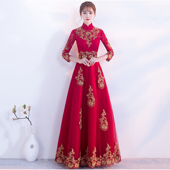 诺丽缇中式敬酒服新娘春夏季2023红色结婚新款中国风旗袍晚礼服女回门 酒红色长款 XXXL