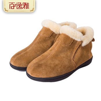 百逸雅皮毛一体羊毛保暖鞋羊毛鞋雪地鞋情侣室内居家包跟棉拖鞋家居鞋女冬月子鞋冬季6031/2 棕色 39