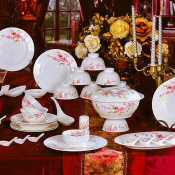 
                                        乐享 56头碗套装景德镇釉中骨瓷餐具套装盘碟礼品 桃花朵朵                