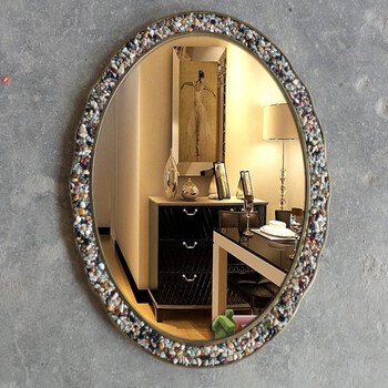 风情黏石壁挂化妆镜椭圆形浴室镜子装饰镜梳妆玄关 中古铜边框混石