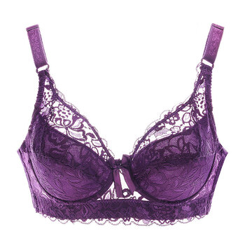 薄款大码文胸聚拢大罩杯性感蕾丝显胸小胖mm胸罩防下垂内衣女 紫色