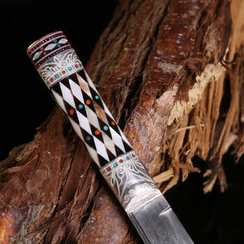 克娄嘟玛 新疆英吉沙小刀 新疆刀 新疆手工艺品 花纹钢 银质贝壳刀柄