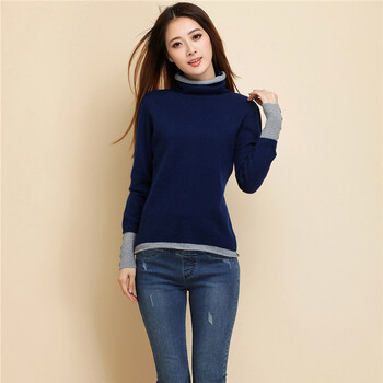 秋冬新款女装纯羊绒衫针织衫堆堆领长袖套头毛衣修身打底衫 深蓝色 xl
