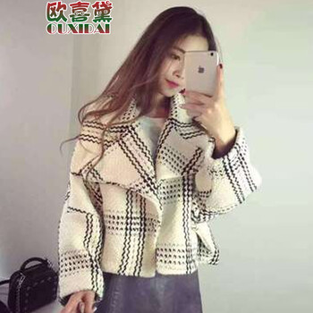 欧喜黛  2015秋冬新款韩版时尚短款格子条纹羊毛呢外套女宽松休闲夹克大衣女潮 黑色 S