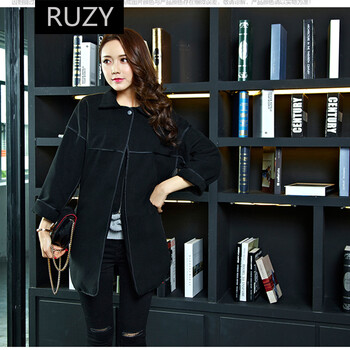 RUZY秋冬韩版女装毛呢大衣风衣外套 黑色 L