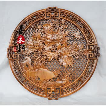 东阳木雕实木雕刻圆形挂件仿古镂空背景墙壁挂玄关中式壁饰工艺品 花