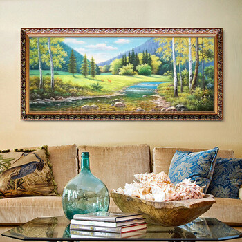 山水风景油画客厅装饰画美式欧式沙发背景墙挂画纯手工绘墙壁画横幅新