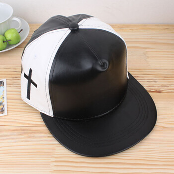 十字黑白拼平沿帽gd嘻哈帽棒球帽子男女韩版秋冬天 黑白皮十字架黑檐