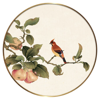 新中式圆形挂画金属框简约禅意三联装饰画实木框花鸟国画工笔壁画 k款