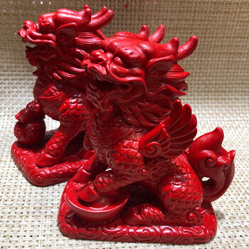 朱砂麒麟摆件天然朱砂红麒麟摆件 纳福开运送子麒麟摆设一对家居风水
