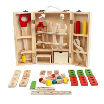 熠奇木质仿真螺母拆装组合卡通手提工具箱 儿童早教动手亲子互动玩具 木质工具箱