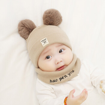 多拉麦格婴儿帽子秋冬男女宝宝毛线针织帽3-6-12个月加棉保暖冬护耳帽围脖 15标 卡其+围脖 约0-18个月