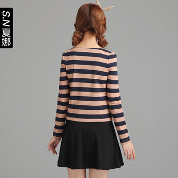 夏娜(Shinena)条纹拼接连衣裙淑女打底裙 红棕色 XL