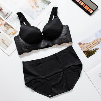 内衣女一片式无钢圈文胸聚拢上托透气调整型小胸胸罩 黑色套装 薄38c