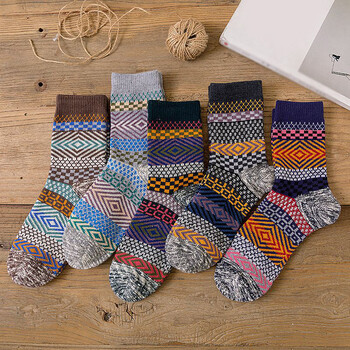 冬季复古花袜子男长袜英伦风针织粗毛线加厚名族风韩版潮流 五双装