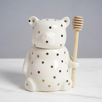 陶瓷蜂蜜罐 金色波点冰裂釉小熊蜂蜜罐密封罐礼盒样板间摆件 小熊蜂蜜