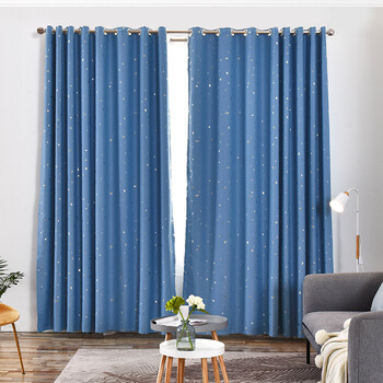 窗帘卧室现代简约星星小窗落地窗全遮光加厚窗帘布成品遮光布 浅蓝色