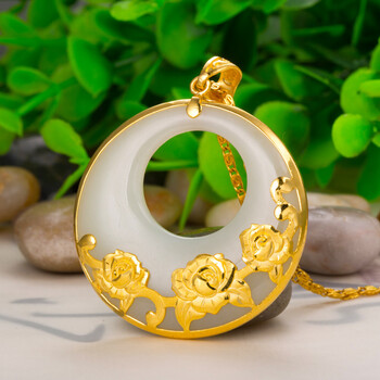 创意湾 金镶玉吊坠女 牡丹花吊坠 足金和田玉牡丹吊坠 三朵金