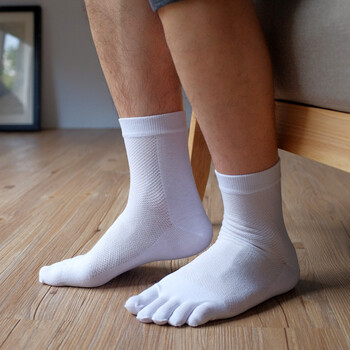 男士精梳棉款网眼透气中筒春夏男薄五指袜纯棉素色防臭脚趾商务袜