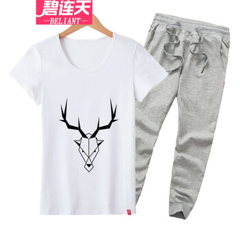 碧连天运动套装女夏2016新款卫衣女装韩版时尚休闲运动服七分裤两件套 白色+灰色 M/80-105斤