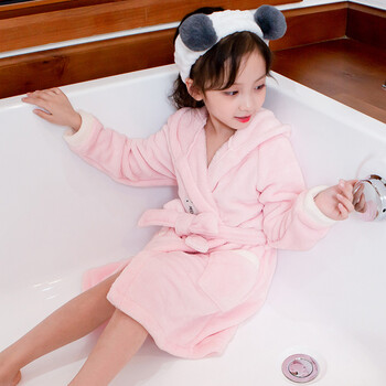 儿童浴袍珊瑚绒女童法兰绒睡袍中长款公主秋冬季女孩家居服宝宝 浅