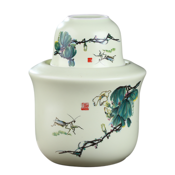 盛天下 景德镇陶瓷温酒壶 暖酒壶 烫酒器 热酒清酒杯黄酒白酒杯酒具套装 二两装温酒器半斤装 翠玉满堂-温酒壶-二两装 3件套