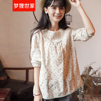 梦狸世家 春款森女文艺风百搭碎花领口蕾丝宽松套头长袖t恤女上衣 图片色