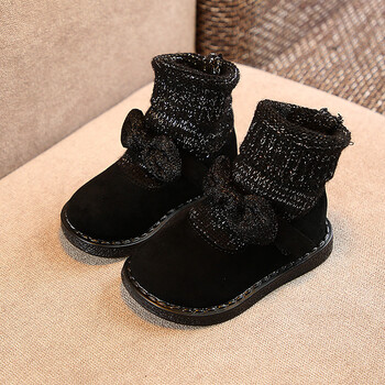 宝宝短靴1-3岁女2018秋冬蝴蝶结针织鞋儿童靴子女童公主靴秋二棉 黑色