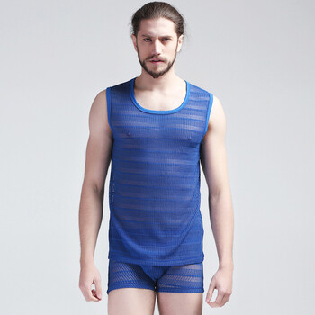 夜店诱惑镂空韩版潮男士性感蕾丝打底背心网纱透气时尚个性背心 蓝色