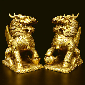 忠狮 纯铜麒麟摆件一对招财纳福化煞家居风水求子送子 特大号财富麒麟