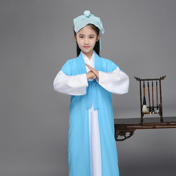 男童学生女童舞蹈演出服书童表演服头巾款 外袍蓝色 内袍白色 头饰