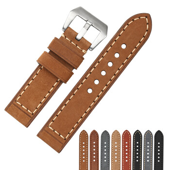 适用于表带沛纳海磨砂真皮手表带针扣粗犷军表牛皮皮表链男24mm 棕色