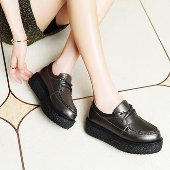 莱卡金顿女士松糕鞋休闲皮鞋厚底中跟系带低帮