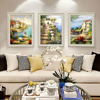 
                                        水竞欧式油画手绘风景地中海装饰画客厅有框画挂画壁画 三联一套 60*80                