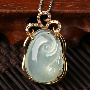 金世玉 18k金镶冰种翡翠冰种如意吊坠 玉石玉坠 翡翠挂件 金镶玉玉坠