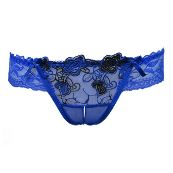 性感内裤女蕾丝透视网纱低腰女士内裤玫瑰刺绣 镂空丁字裤t裤 蓝色