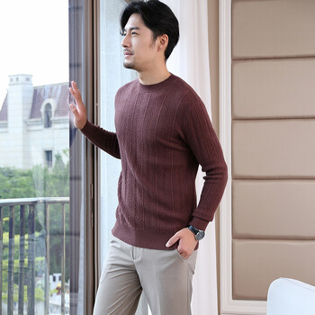 京东优选 秋冬新款羊绒衫男圆麻花领套头短款毛衣纯色打底衫加厚针织