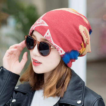 思美境包头帽子男女街头潮秋冬季睡帽印花五角星月子帽堆堆帽红色常规