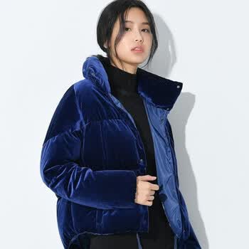 冬季新款丝绒短款羽绒服加厚防寒面包服女装外套lwyr18j413 深蓝色 s