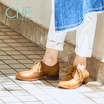 CNE 新款女鞋时尚休闲运动日系圆头拼接系带粗跟低跟女单鞋板鞋CNE 9T27106 驼色 CML 37