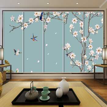 床头新中式手绘花鸟背景墙硬包简约卧室客厅沙发影视墙软包 印花皮革