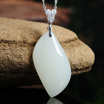福之最 和田玉925银白玉柳叶吊坠女款天然玉石项链玉器带证书