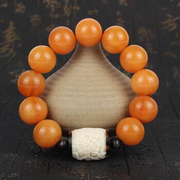 天然西藏黄金牦牛角佛珠手串 配鹿骨龙柱男女款高原金丝牛角手链 金色