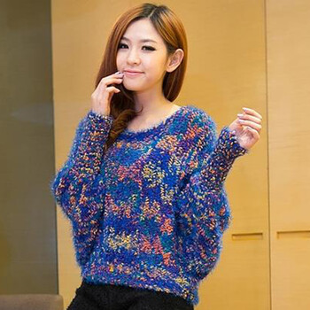 短针织衫韩版马海毛蝙蝠袖罩衫宽松可爱彩色绒球花毛衣女#383111 蓝色