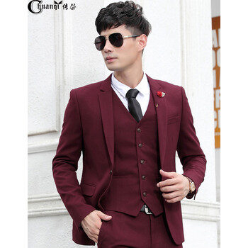 韩版修身小西装 职业正装伴郎新郎结婚礼服 深红色 三件套默认送马甲