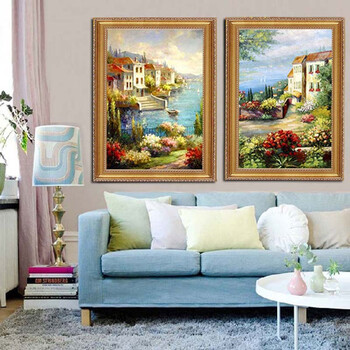 
                                        水竞欧式油画手绘风景地中海装饰画客厅有框画挂画壁画 三联一套 60*80                