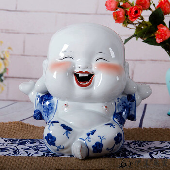伊莲陶瓷景德镇陶瓷器雕塑瓷开心佛家居装饰青花瓷手绘客厅摆件工艺品